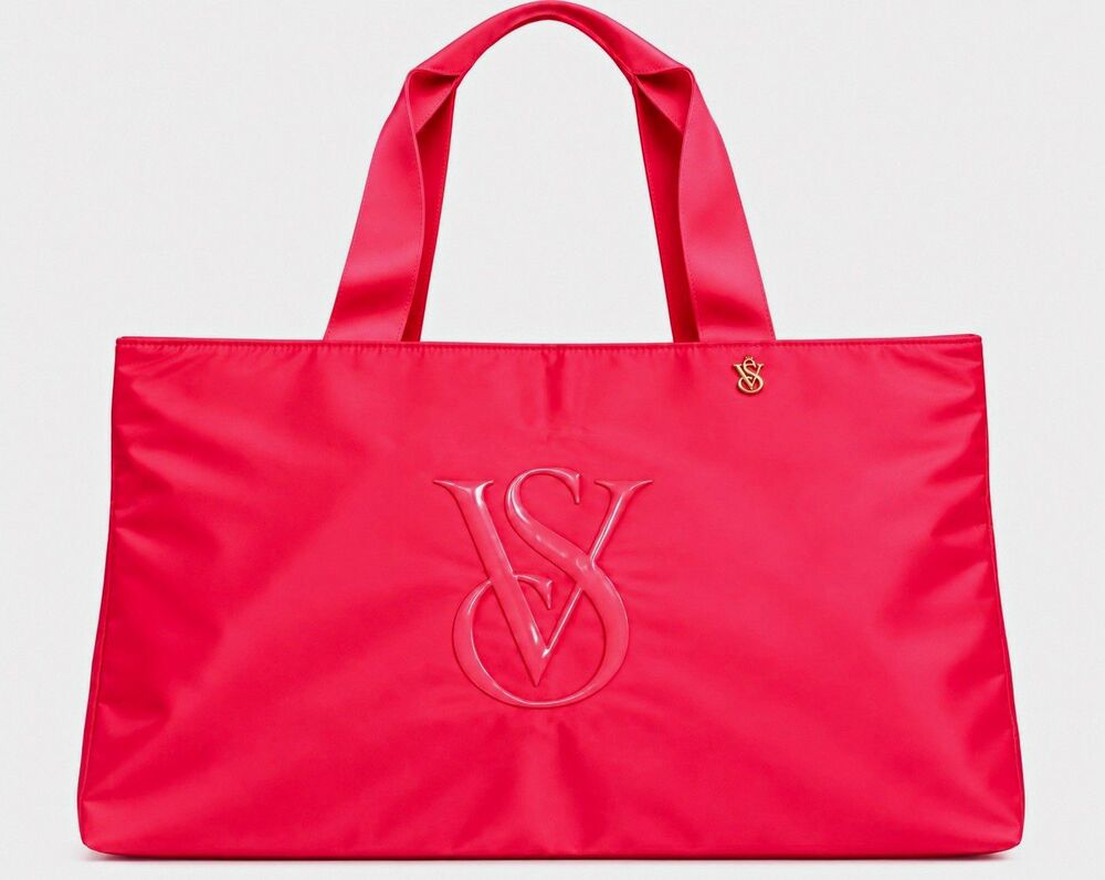 Victoria’s Secret Monogram Logo Large Coral pink satin Tote Bag NWT
